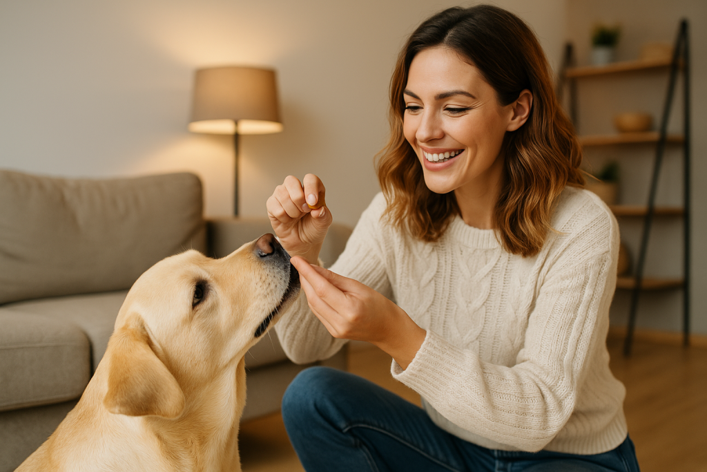 femme souriante donnant une croquette à son chien