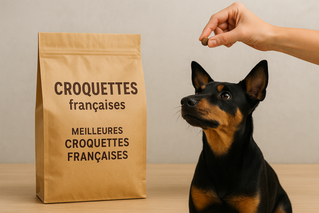 un chien en pleine interaction prêt à déguster sa croquette