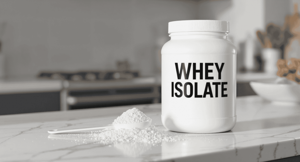 pot de whey isolate sur une table de cuisine