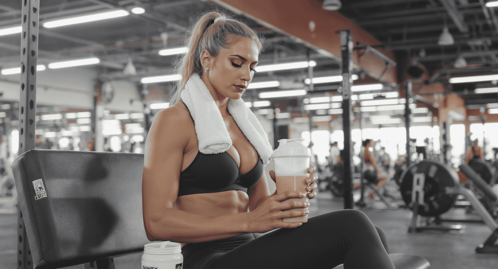sportive après l’entraînement, buvant un shaker de whey isolate