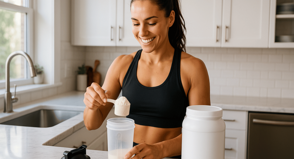sportive en train de préparer un shaker de whey isolate