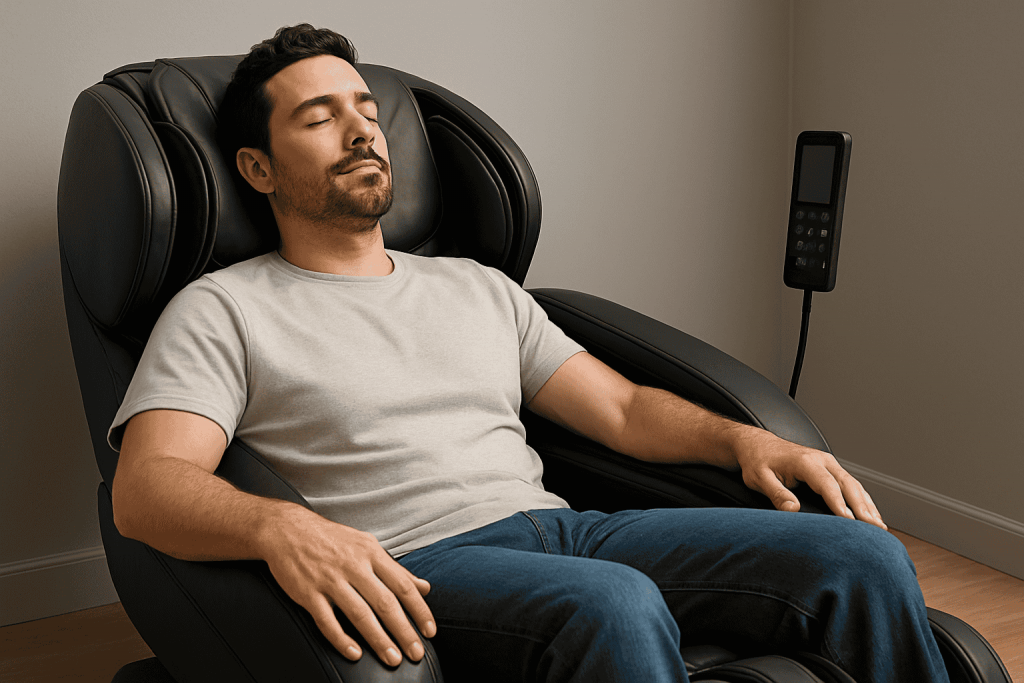 personne bénéficiant des bienfaits de son fauteuil massant