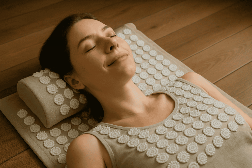 jeune femme détentu profitant des bienfaits de son tapis acupression