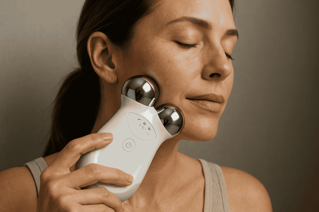 personne profitant des bienfaits d’un appareil d'électrostimulation pour visage