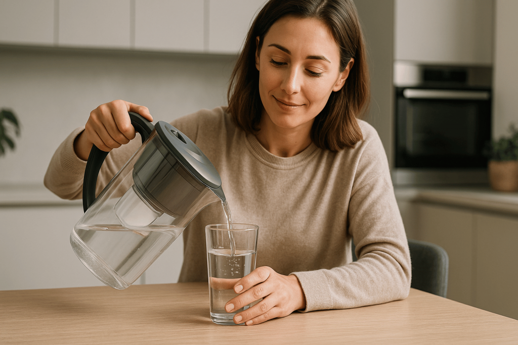 personne utilisant sa carafe filtrante