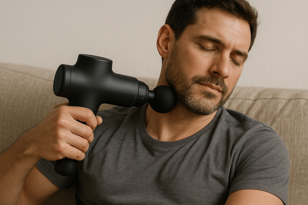 personne utilisant son pistolet de massage et de profiter de ses bienfaits