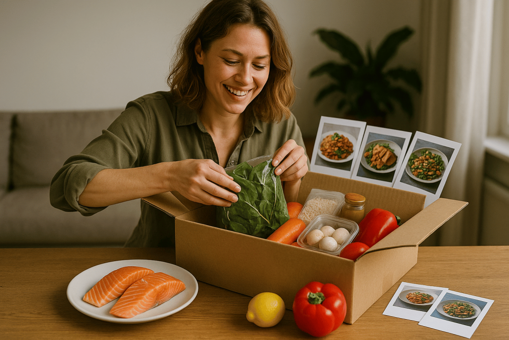 une jeune femme avec sa box repas