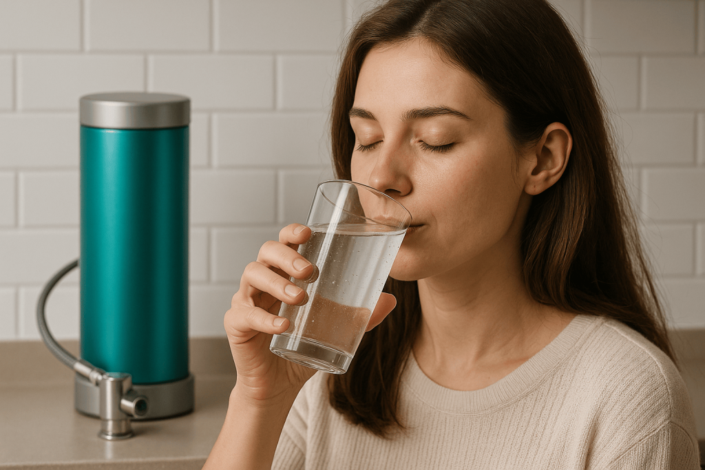 jeune femme profitant d’une eau pure grace au meilleur purificateur d’eau