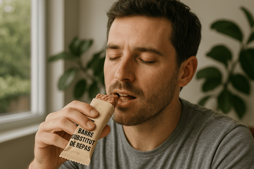 personne dégustant son substitut de repas en barre