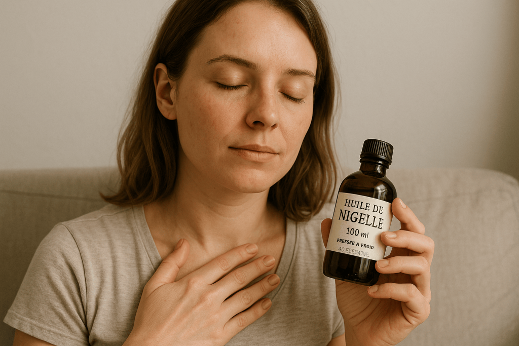 personne profitant des bienfaits de l’huile de nigelle