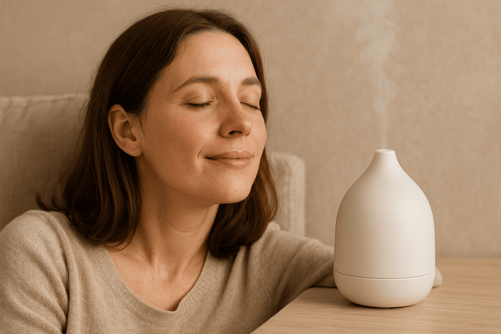 personne profitant des bienfaits d’une huile essentielle