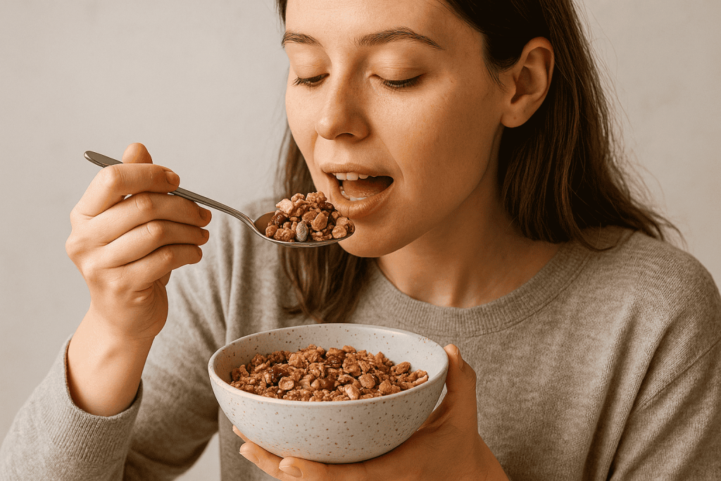 personne profitant d’un bon petit déjeuner avec le meilleur granola
