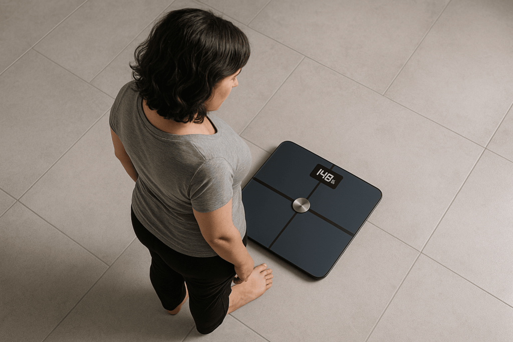 personne utilisant sa balance connectée