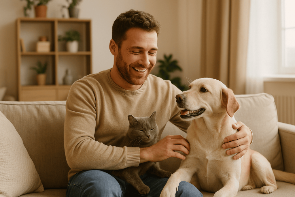 un homme avec ses animaux de compagnie