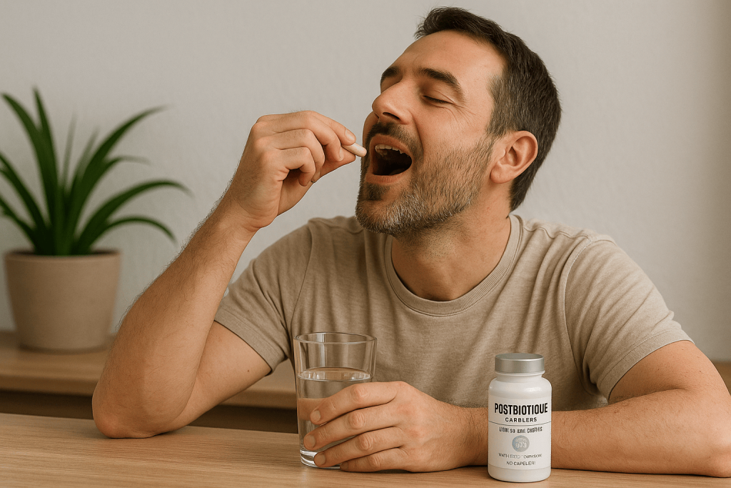 un homme prenant son complément de postbiotique et profitant de ses bienfaits