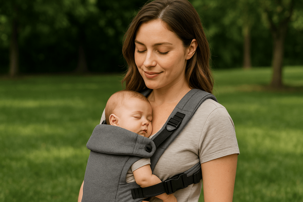 une jeune femme portanat son nouveau né dans son porte-bébé