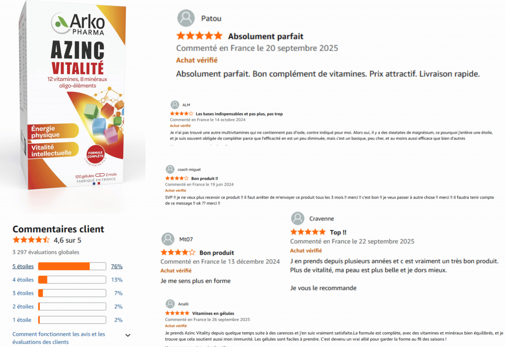 avis des clients sur azinc vitalité arkopharma