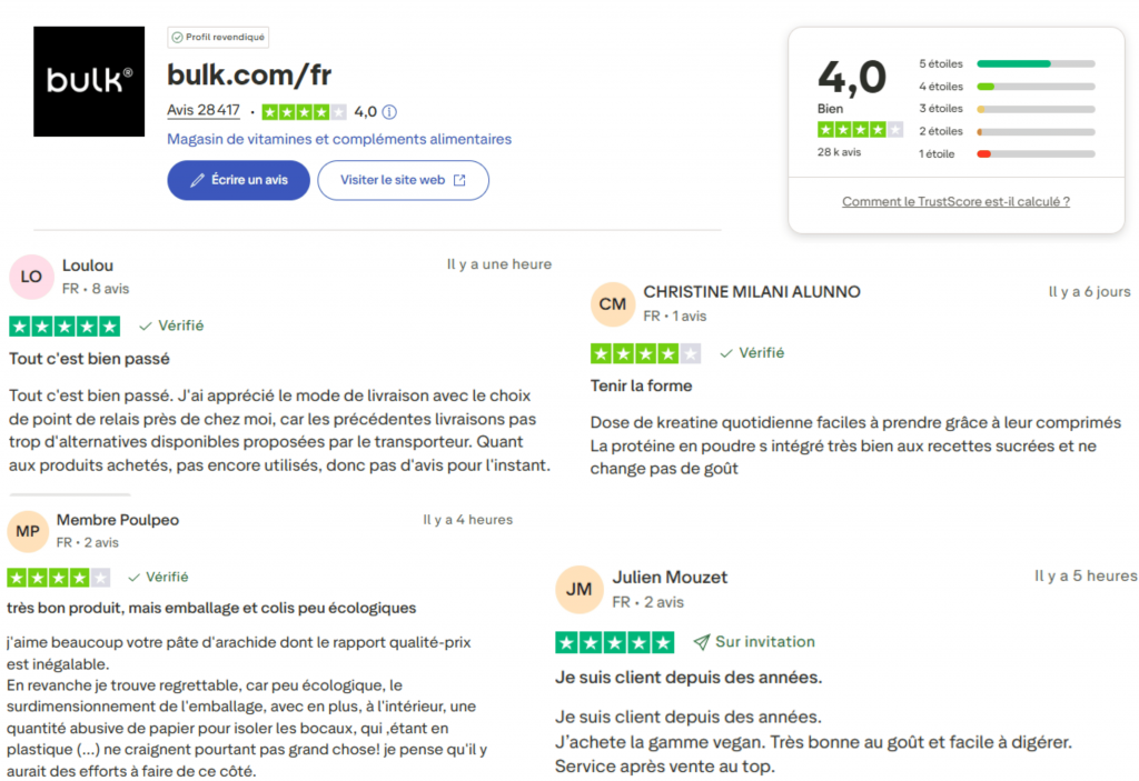 avis des clients sur la marque bulk