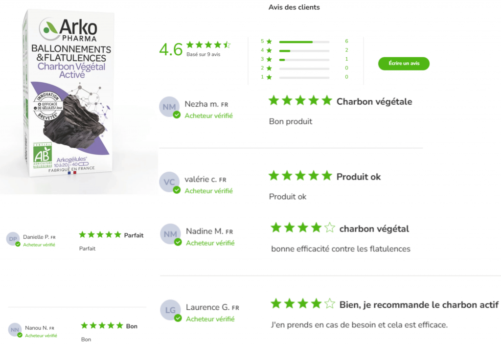 avis des clients sur le charbon végétal arkopharma