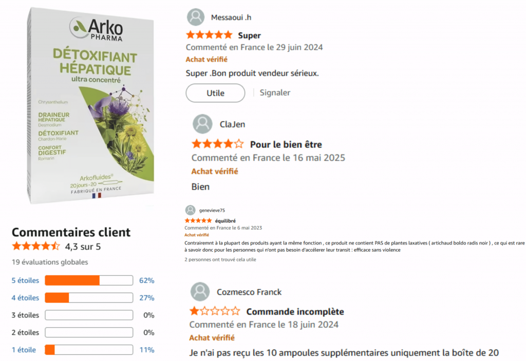 avis des clients sur le détoxifiant hépatique arkopharma