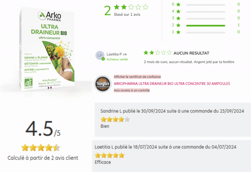 avis des clients sur l’ultra draineur bio arkopharma