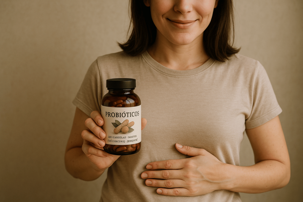 una persona que se beneficia de las propiedades probióticas para combatir la hinchazón abdominal