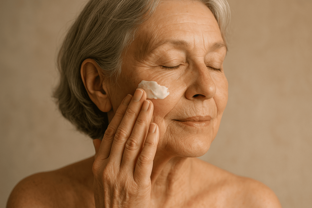une femme de 70ans profitant des bienfaits de crème visage