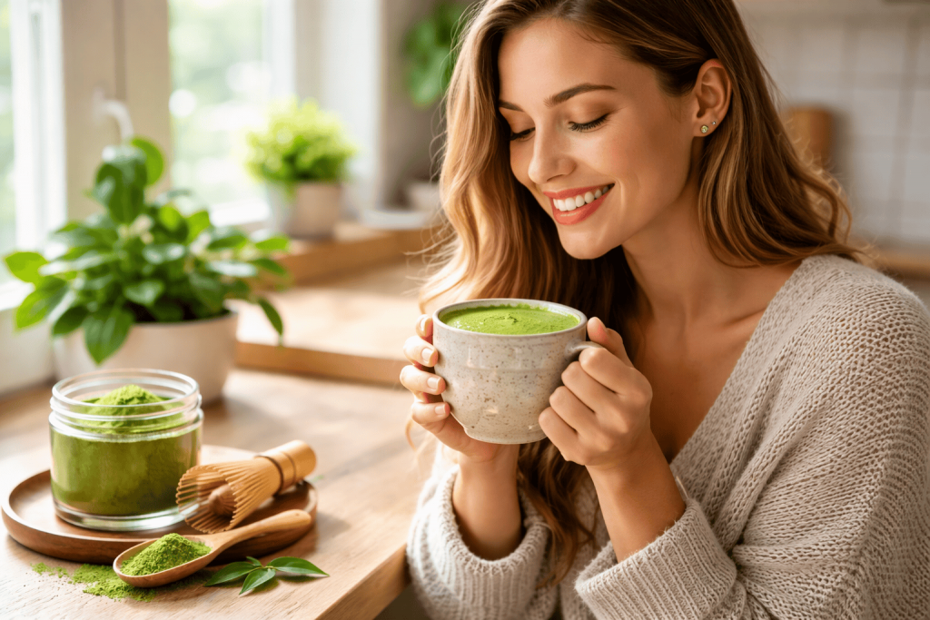 a person enjoying the benefits of matcha powder