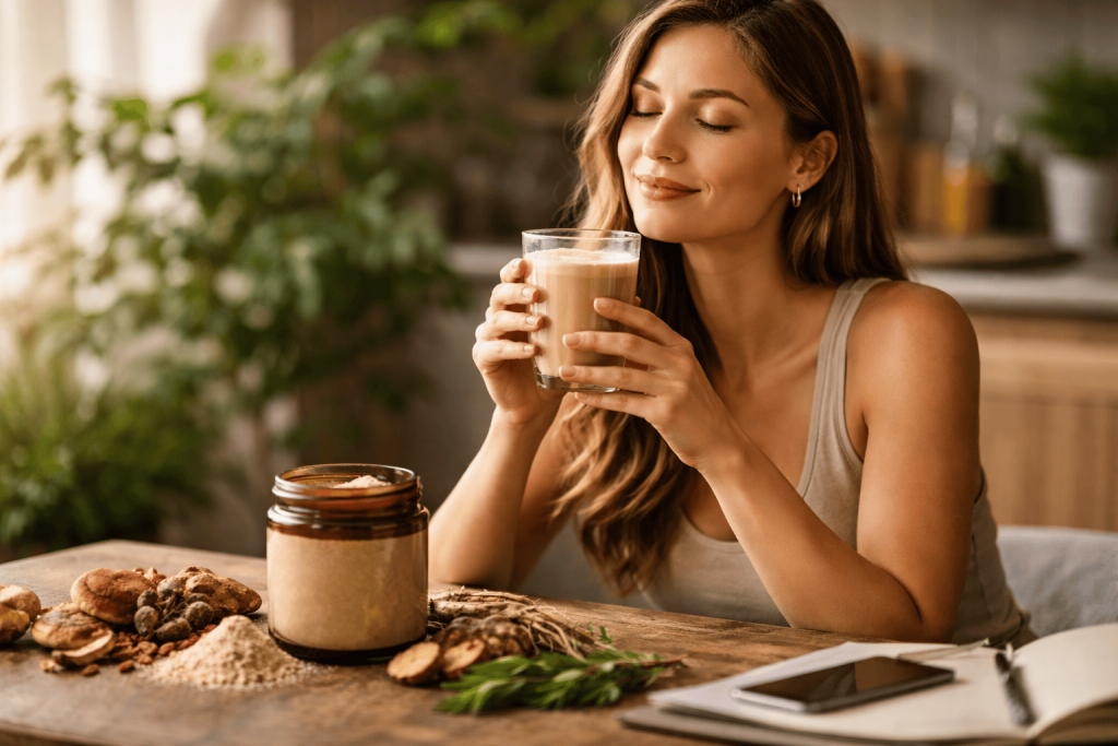 a person enjoying the benefits of their adaptogen drinks