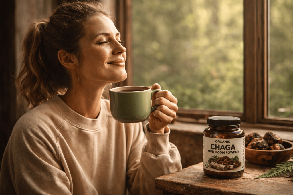 a person enjoying their chaga mushroom dietary supplement