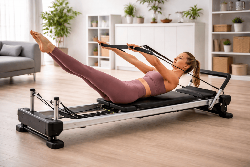 a person practicing Pilates at home with the foldable Pilates machine