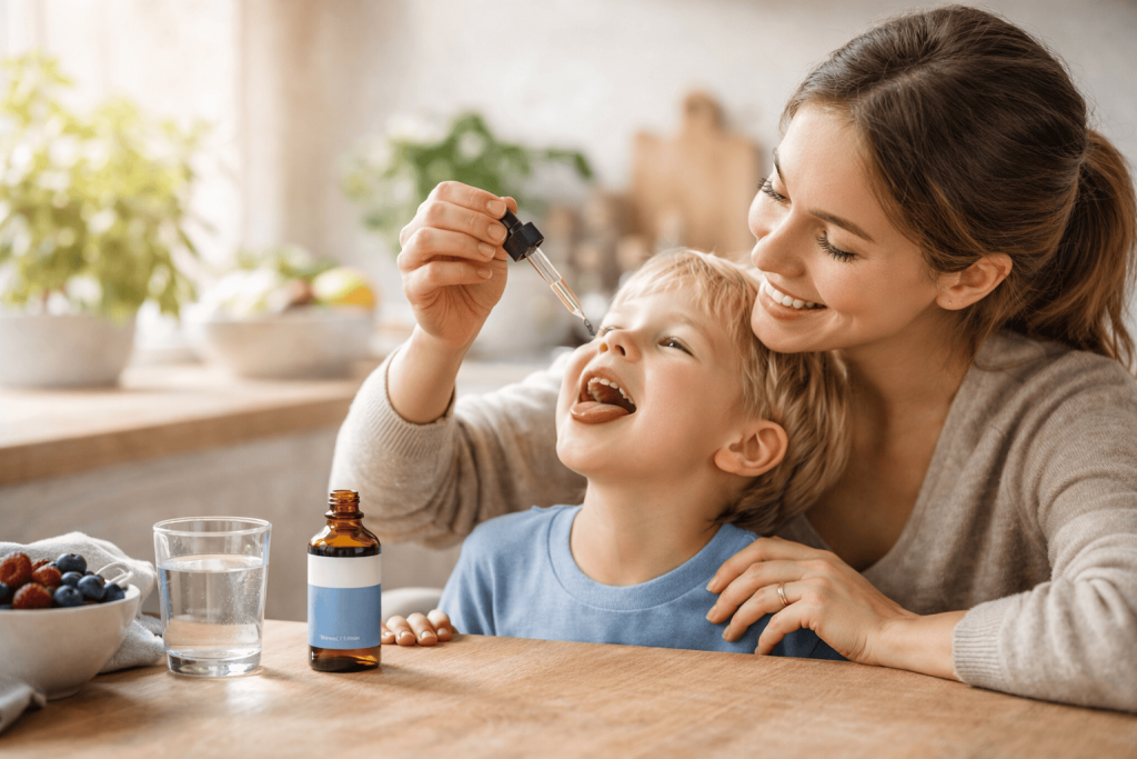 a young child enjoying the liquid vitamin D supplement