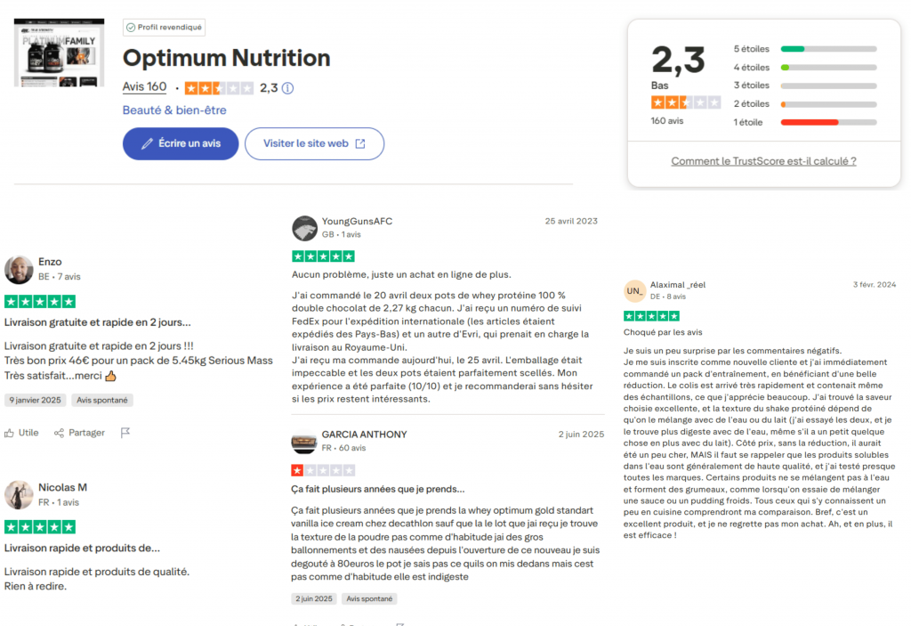 avis des clients sur optimum nutrition