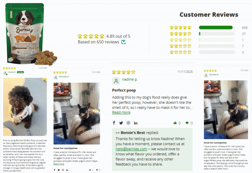 customer reviews of Bernie's Perfect Poop dog supplement