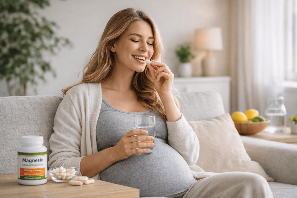 una mujer embarazada disfrutando de los beneficios del magnesio
