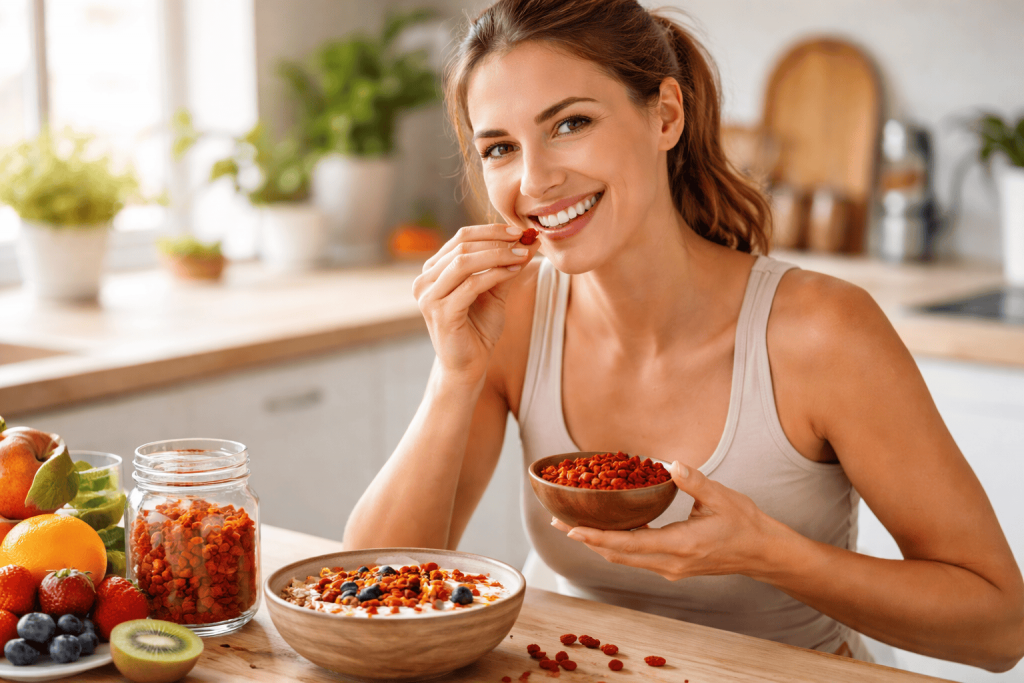 une personne mangeant des baies de goji