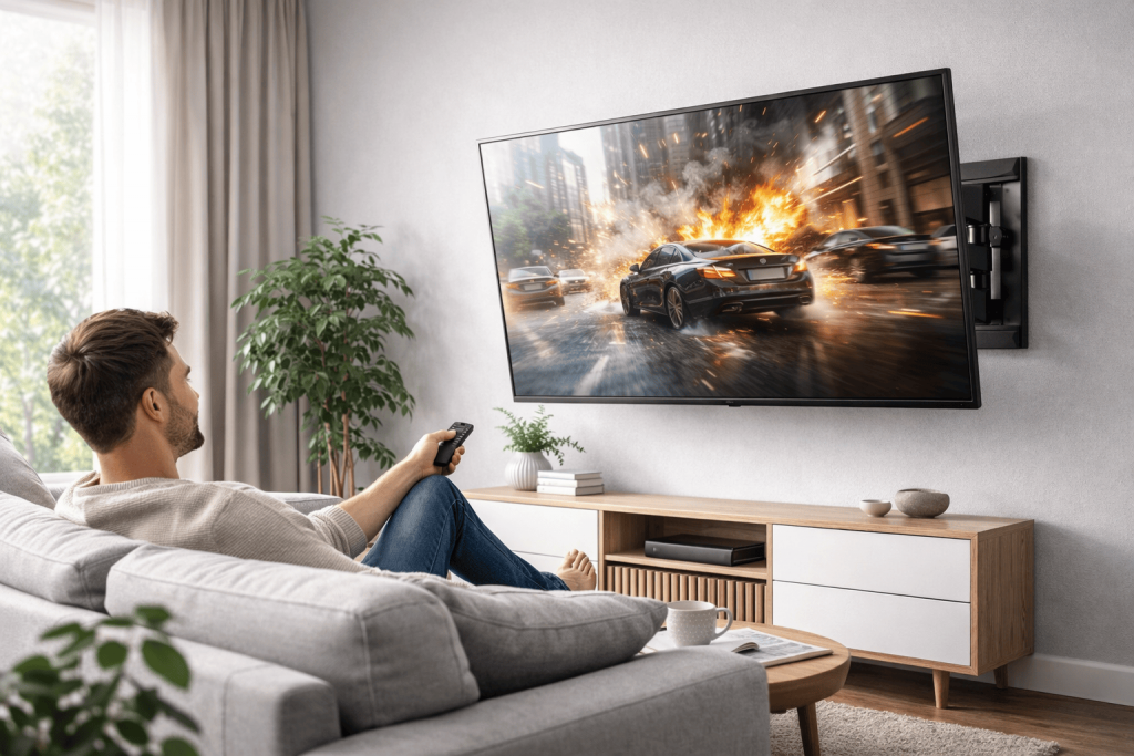 une personne profitant de sa télévision grâce au support TV mural orientable