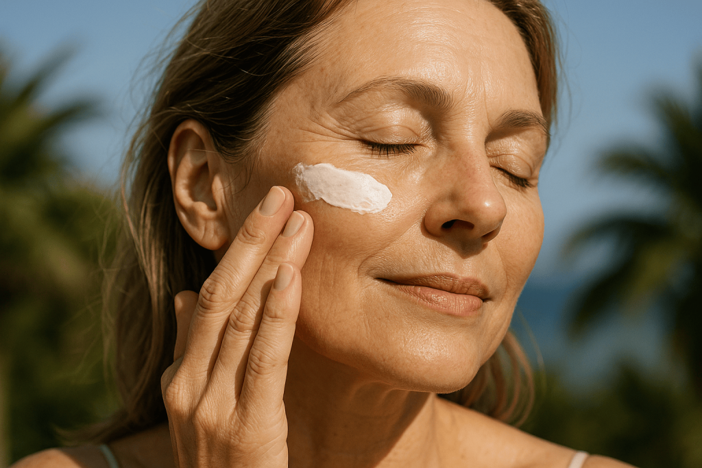 une personne profitant des bienfaits de la crème solaire visage anti âge