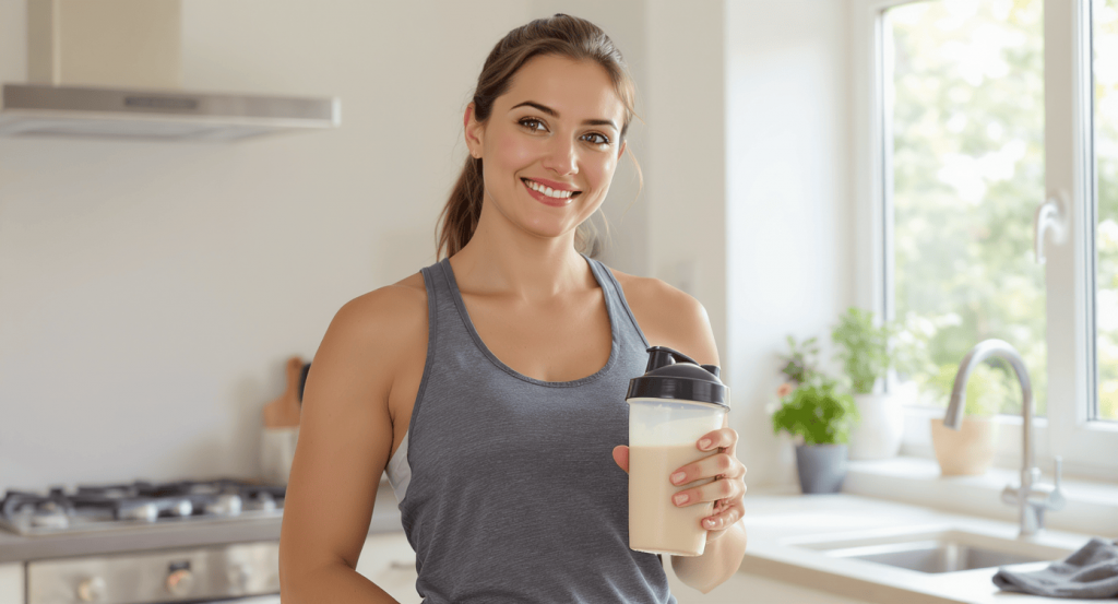 une personne sportive souriante tenant un shaker de protéine après l’entraînement