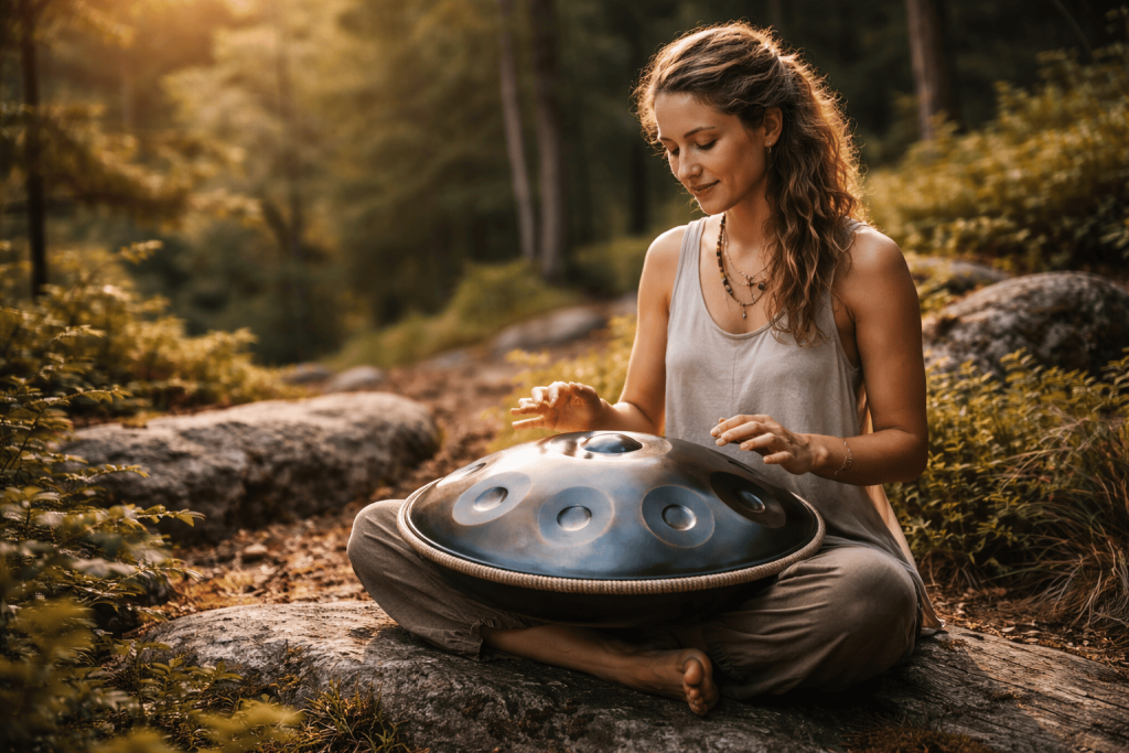 Femme sereine jouant du handpan en forêt