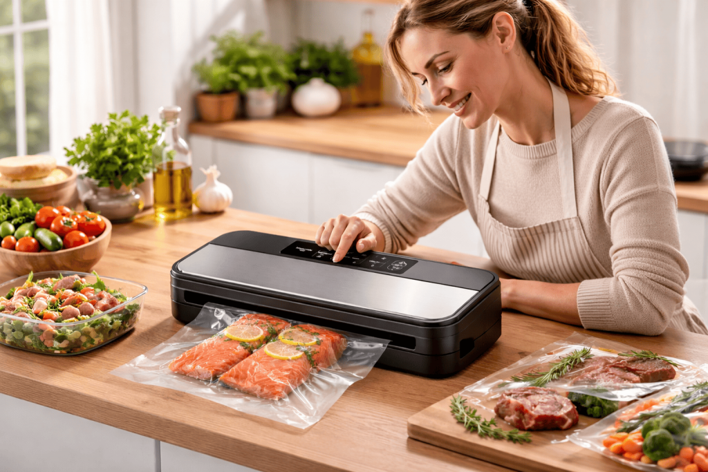 Femme utilisant un scellant sous vide