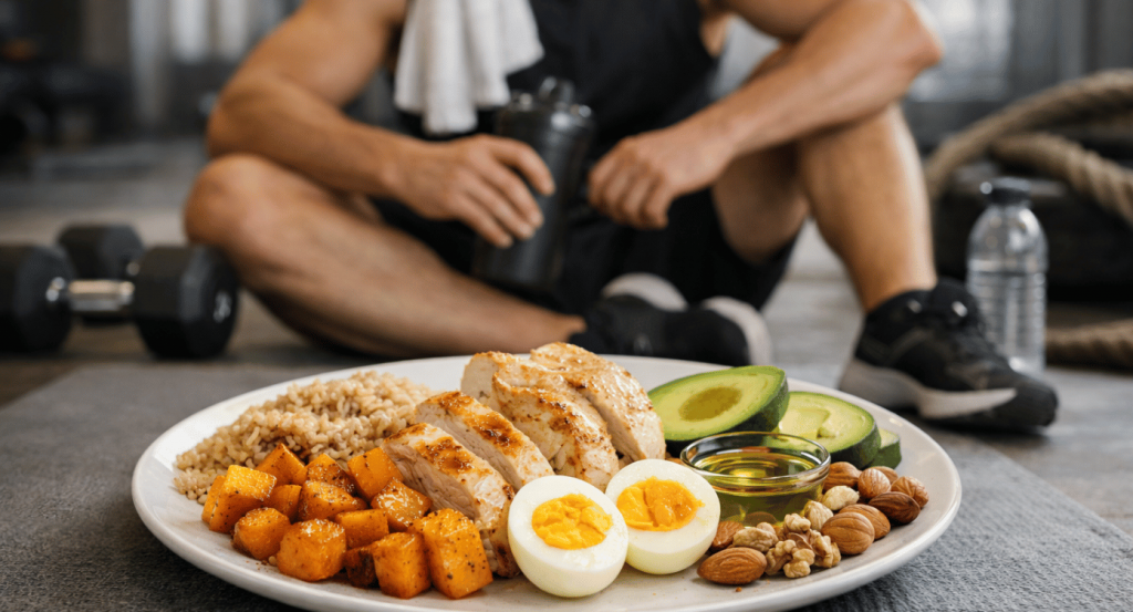 Sportif assis en salle de sport avec une assiette équilibrée glucides protéines lipides
