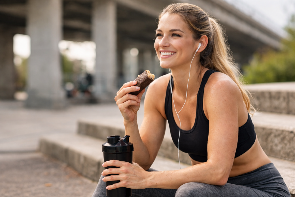 a young woman enjoying her keto protein bars