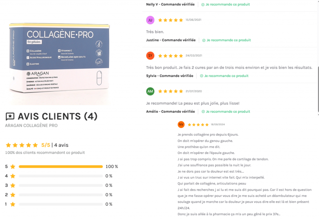 avis des clients sur le collagène pro aragan