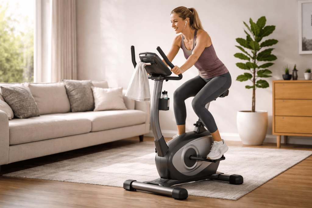 une femme utilisant son vélo d'appartement