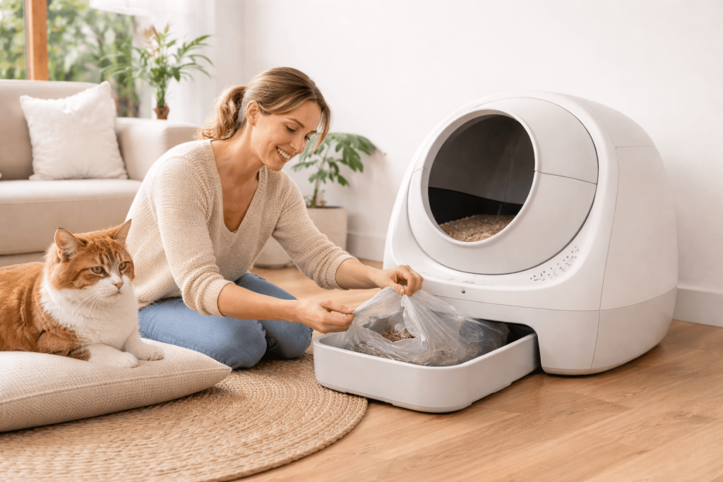 une personne entrain de nettoyer la litière autonettoyante pour chat