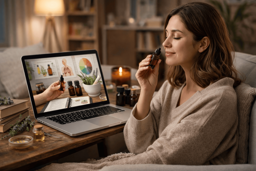 une personne suivant son cours d'aromathérapie en toute sérénité