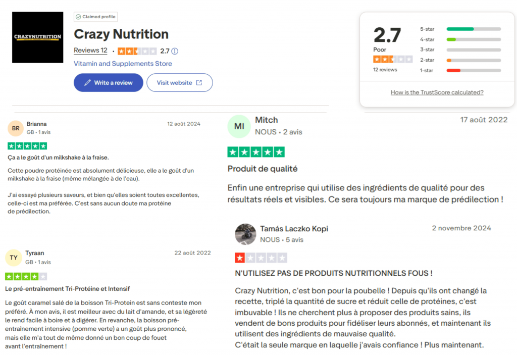 avis des clients sur crazyNutrition