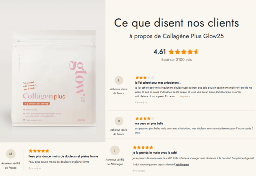 avis des clients sur glow 25 collagen