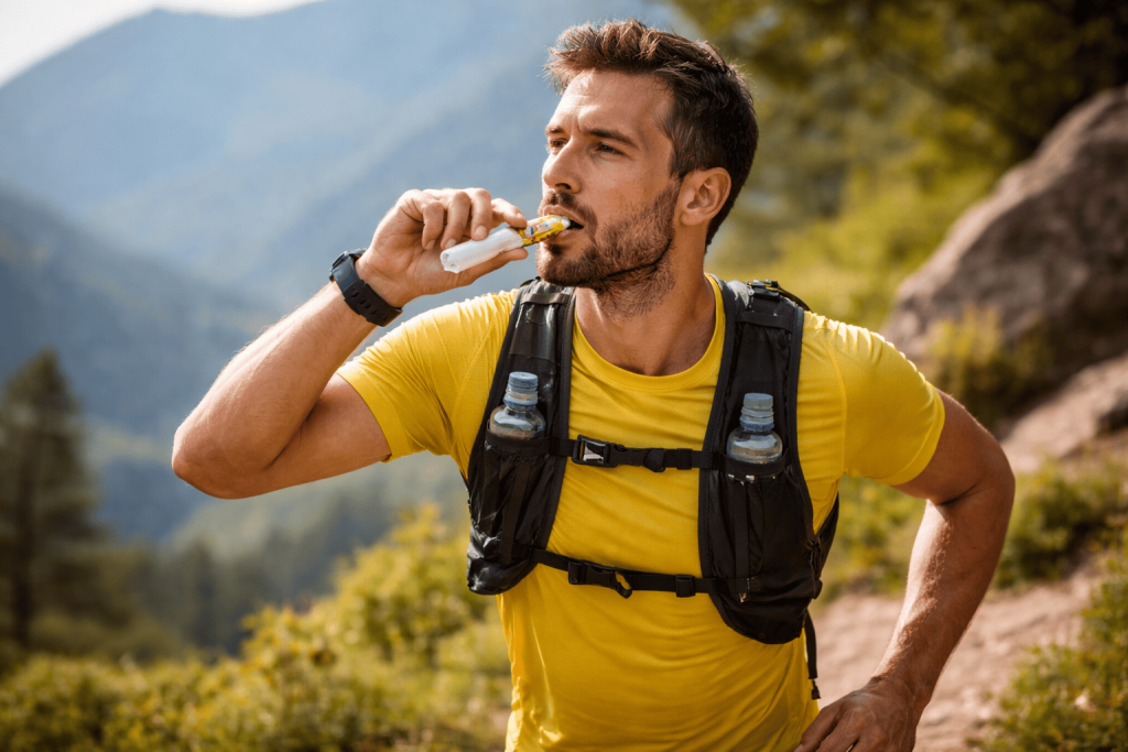 un coureur prenant un gel énergétique